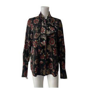 Salvatore Ferragamo Black Floral Pussy Bow Silk Button Blouse size IT 40/4
